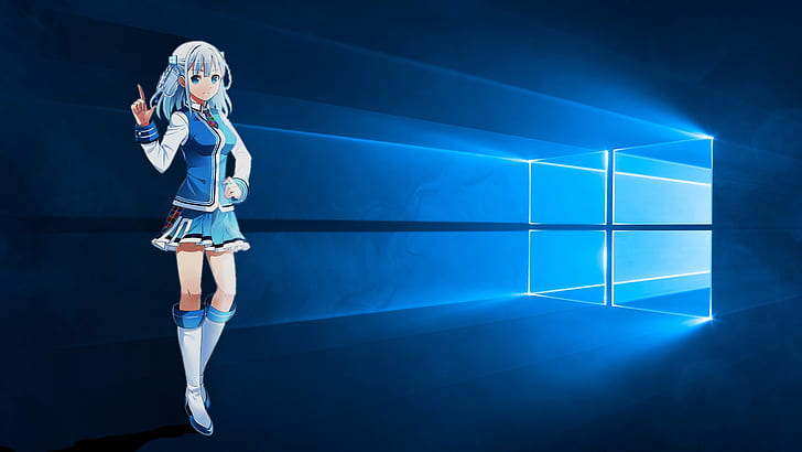 Madobe Touko, blue dress girl, Windows 10 system logo HD wallpaper