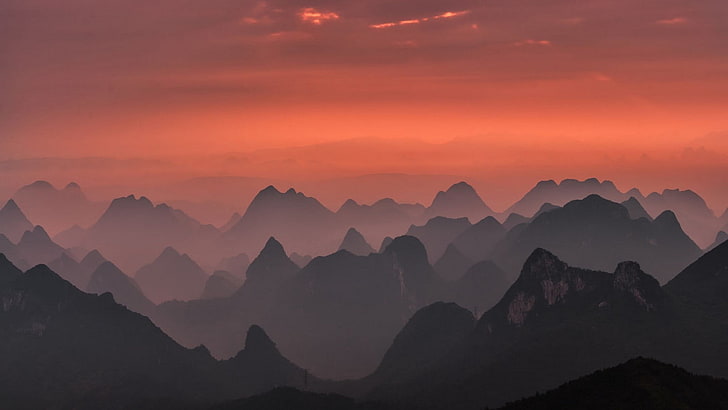 silhouette of mountains during sunset, nature, landscape, mist