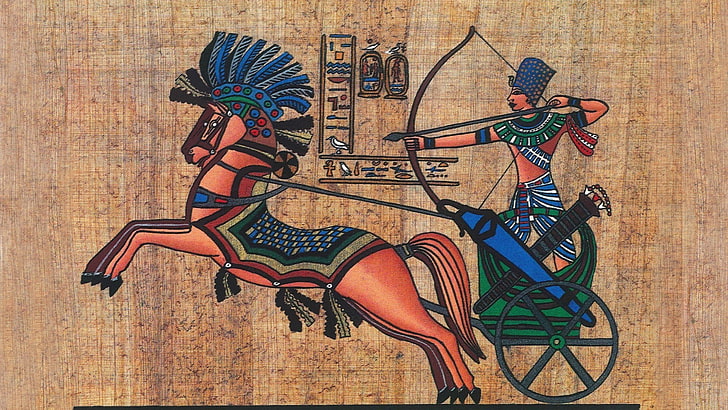 Egyptian chariot artwork, animals, horse, ancient, archer, hieroglyphics