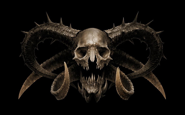 creature, black background, horns, devils, death, teeth, spooky, HD wallpaper