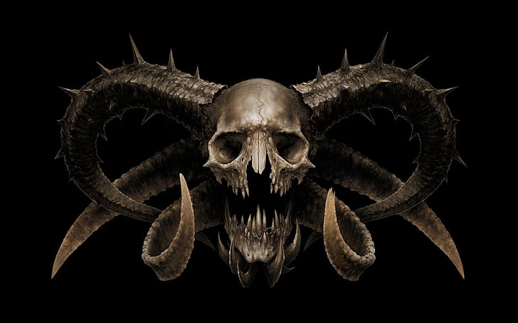 gray skull with horns wallpaper, digital art, creature, demon