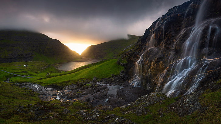 Faroe Islands Waterfall At Sunset Island Country Panorama Desktop Wallpaper Hd For Laptop Mobile Phones And Tv 3840×2400