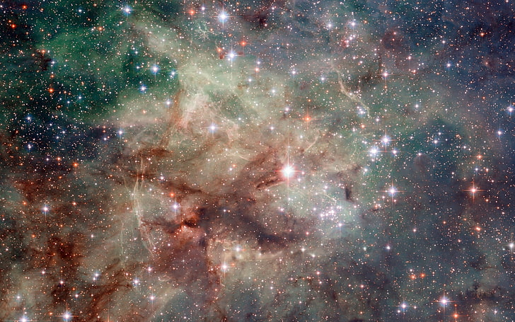 green and brown space nebula, stars, the tarantula nebula, astronomy
