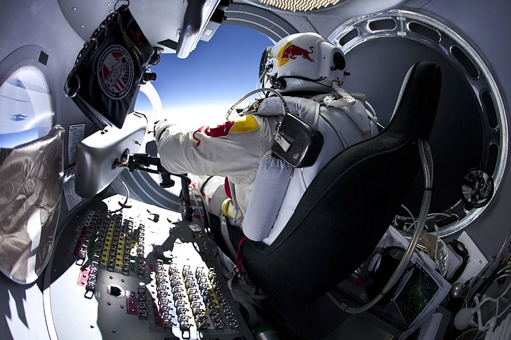 men's white Red Bull helmet, jump, stratosphere, Felix Baumgartner