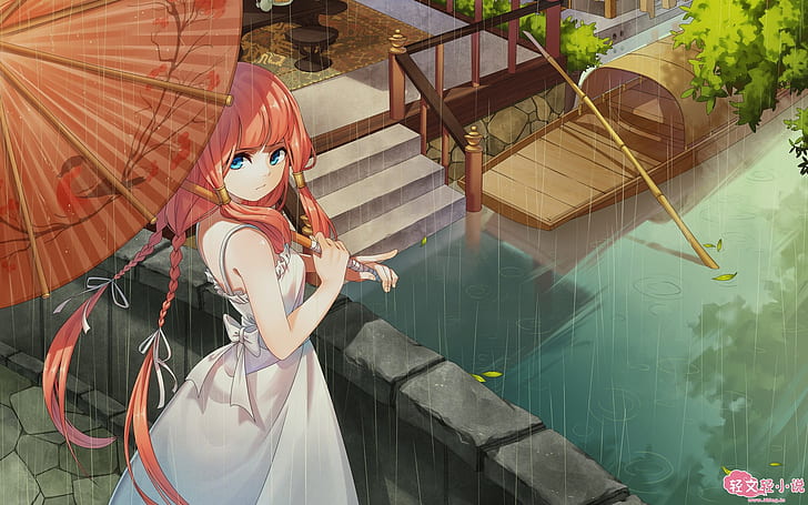 HD wallpaper: anime girl, umbrella, rainy day, bridge, light dress |  Wallpaper Flare