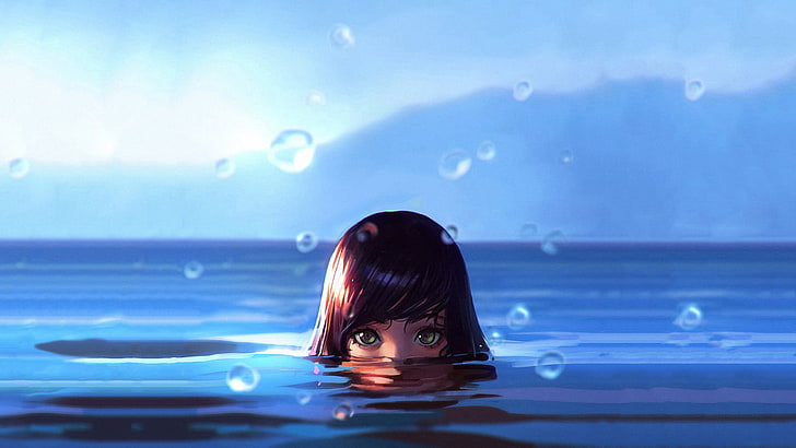 brown haired female character wallpaper, water drops, sea, women