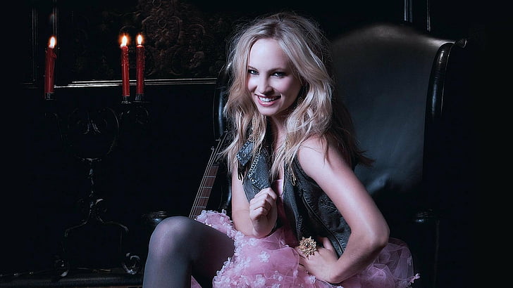 accola, blondes, candice, skirts, smiling, stockings, women, HD wallpaper