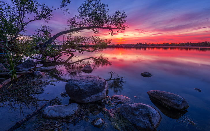 Wilcox Lake Ontario Canada Red Sunset Dusk Wood Willow Stone Reflection In Water Hd Desktop Wallpapers For Computers Tablet And Mobile Phones 3840×2400, HD wallpaper