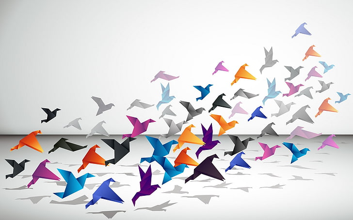 multicolored paper bird decor lot, birds, minimalism, origami