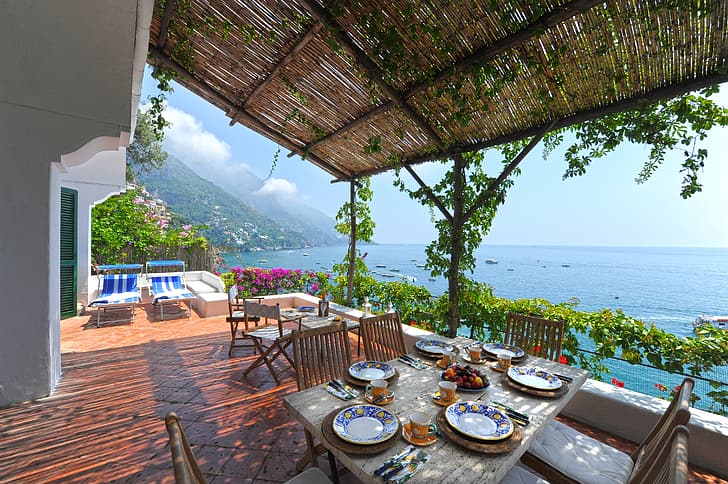 table, Villa, Paradise, balcony, Italy, campania, the Amalfi coast, HD wallpaper