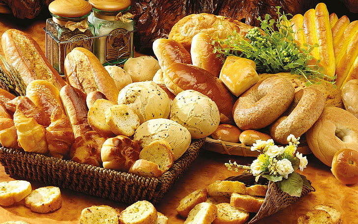 baked bread set, baskets, table, pots, baking, loaves, rolls, HD wallpaper