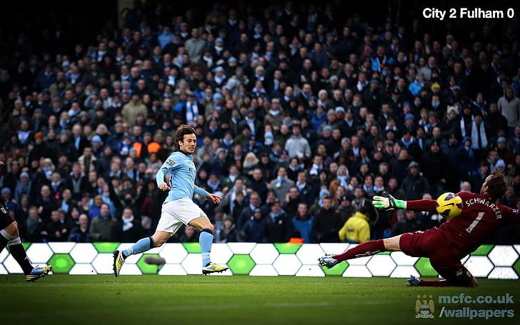 Manchester City 2-0 Fulham-FA Premier League 2012-.., men's blue long-sleeved shirt and white shorts, HD wallpaper