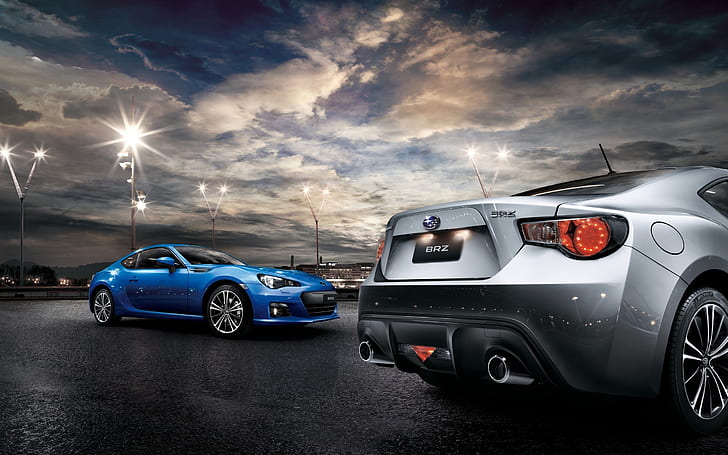 Subaru BRZ, race tracks, sunset, clouds, vehicle, car, lights