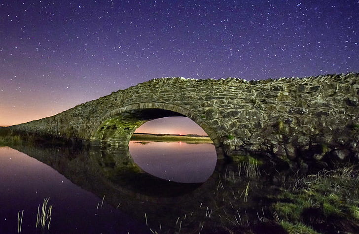 panoramic photo of concrete bridge under water during night time, HD wallpaper