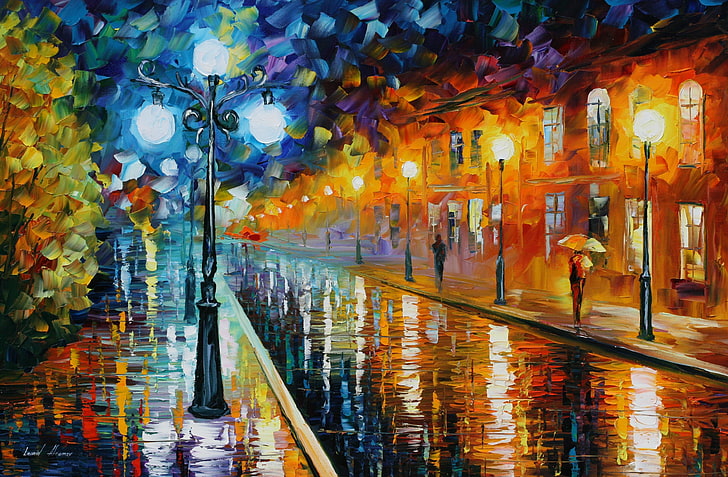people walking on street painting, road, umbrella, home, lantern, HD wallpaper