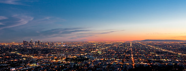 cityscape photo, panorama, Los Angeles, evening lights, night, HD wallpaper