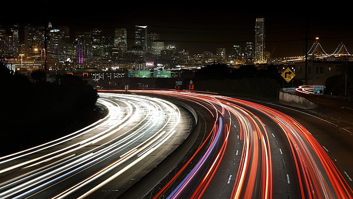 light trails, road, cityscape, long exposure, San Francisco, HD wallpaper