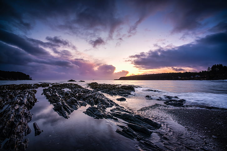 body of water during sunset, Mill Bay, Rocks, Nikon D610, Nikkor, HD wallpaper