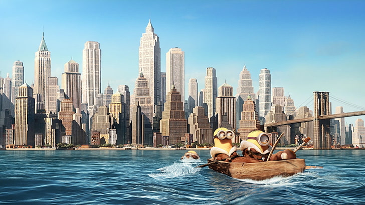 Minions riding boat illustration, humor, water, building exterior, HD wallpaper