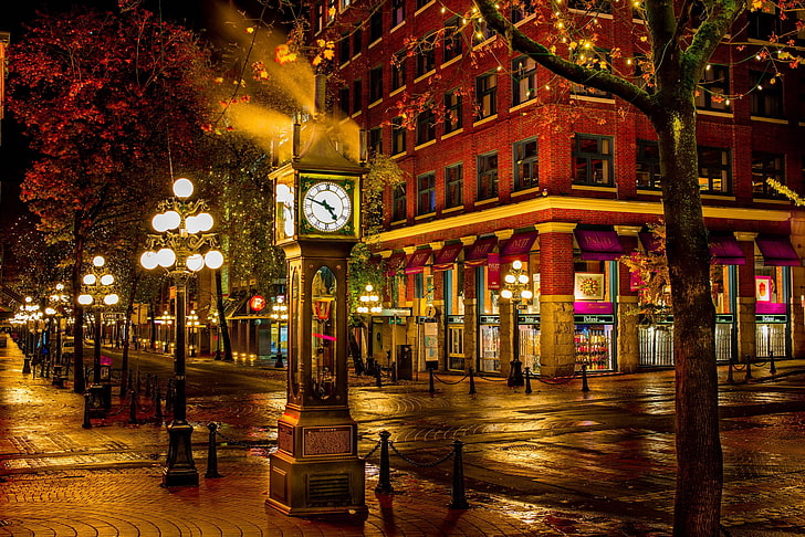 street, the building, watch, Canada, lights, Vancouver, night city, HD wallpaper