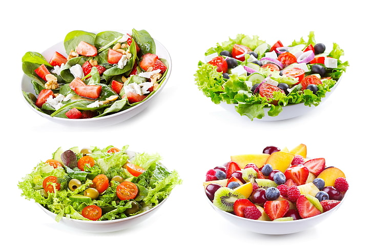 vegetable and fruit salads, different dishes, vegetables, food