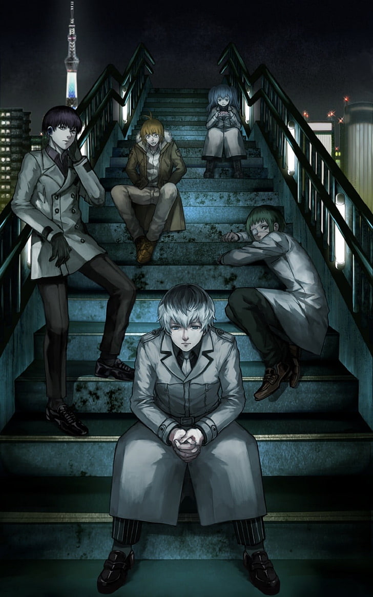 Hd Wallpaper Five Male Anime Characters On Stairs Digital Wallpaper Tokyo G...