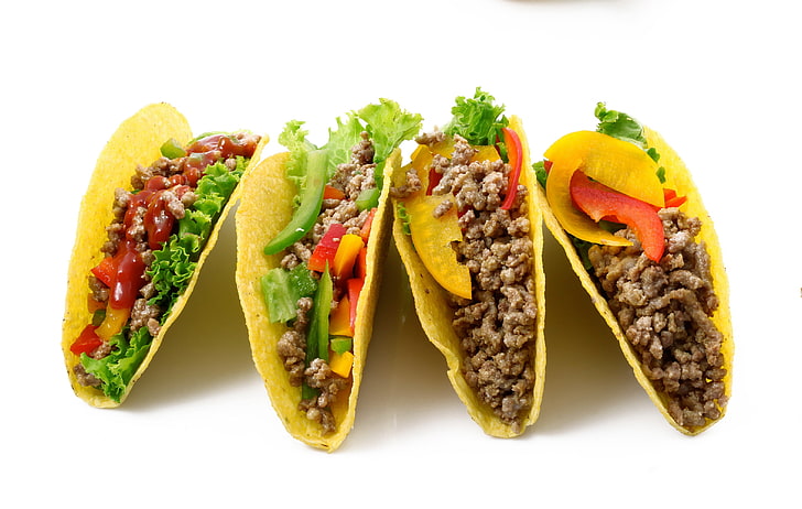 tacos withe meats, chips, pastries, vegetables, food, beef, meal