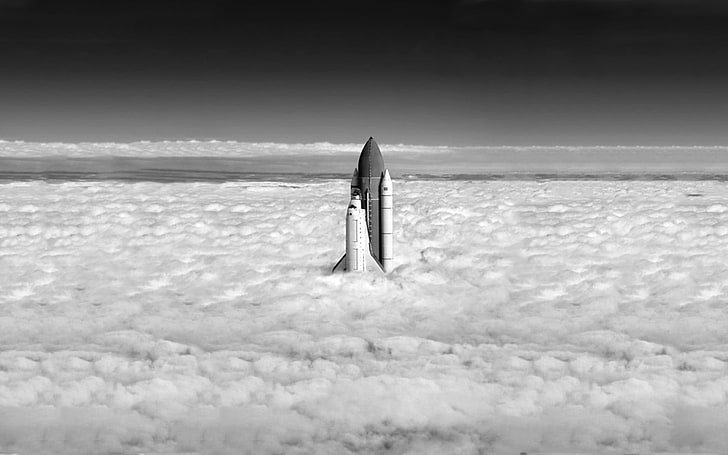space shuttle, monochrome, vehicle, clouds, sea, sky, cloud - sky