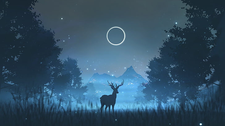Deer and the Fireflies, tree, plant, animal themes, animal wildlife