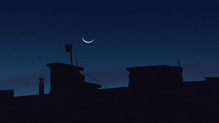 digital art, LoFi, night, crescent moon, silhouette, dark, building