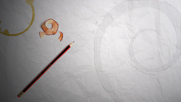 red pencil, Debian, pencils, coffee, paper, drawing, lights, Linux, HD wallpaper