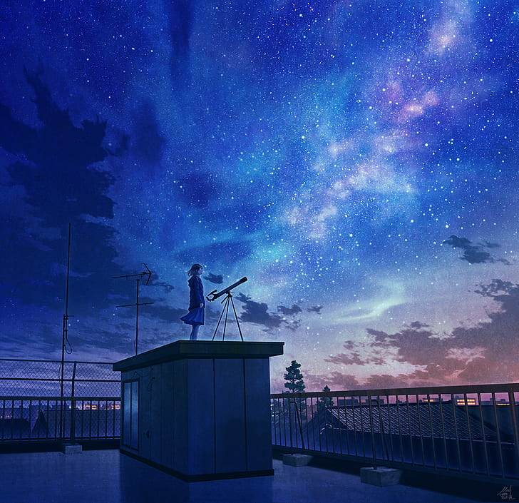 HD wallpaper: anime, night sky, stars, rooftops | Wallpaper Flare