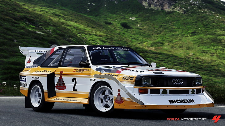 white and yellow Audi rally car, audi quattro, rally cars, sports car