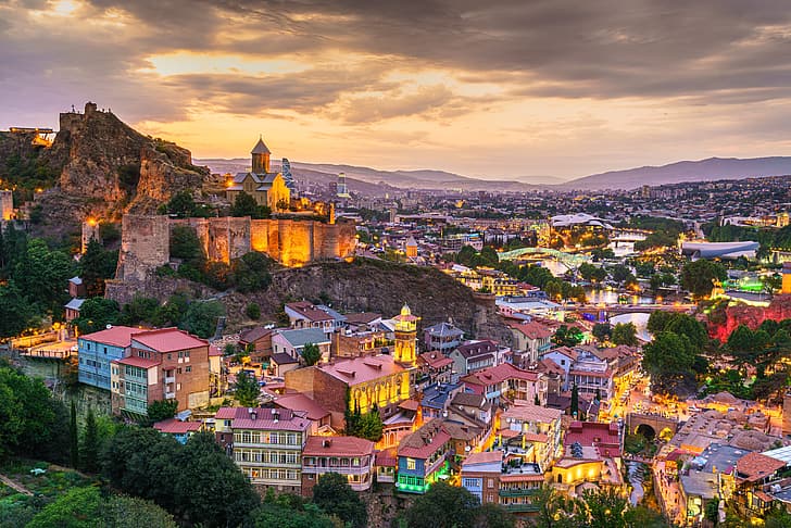 mountains, lights, the evening, Georgia, Tbilisi, Old Tbilisi, HD wallpaper