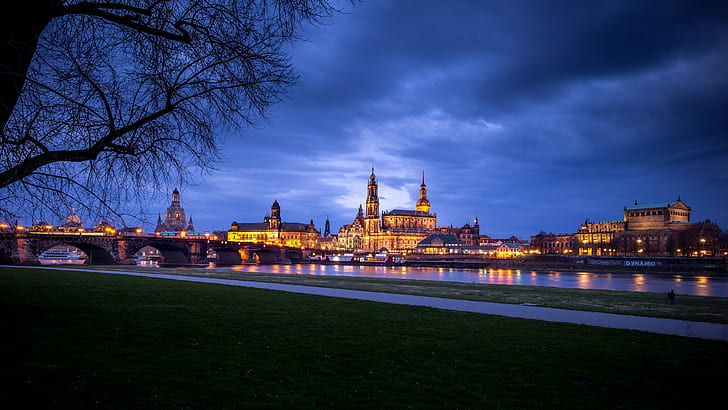 building house city cityscape dresden germany evening lights cathedral clouds river trees grass bridge reflection old building ship path church tower long exposure, HD wallpaper