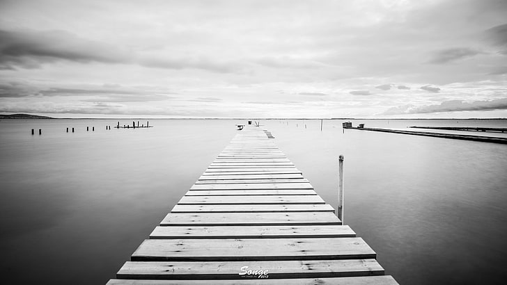 white and black wooden bed frame, pier, monochrome, water, 2013 (Year), HD wallpaper