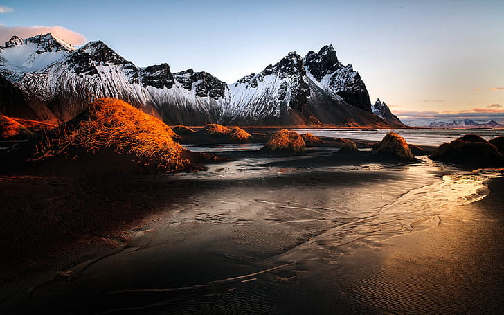 Vestrahorn Iceland Winter Sunrise Landscape Sea Coast Sandy Beach Sea Mountain Peaks With Snow Blue Desktop Wallpaper Hd 1920×1200