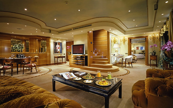 rectangular black wooden table, room, style, interior, luxury, HD wallpaper