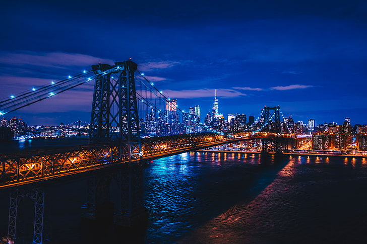 Brooklyn Bridge, New York, night city, urban Skyline, cityscape, HD wallpaper