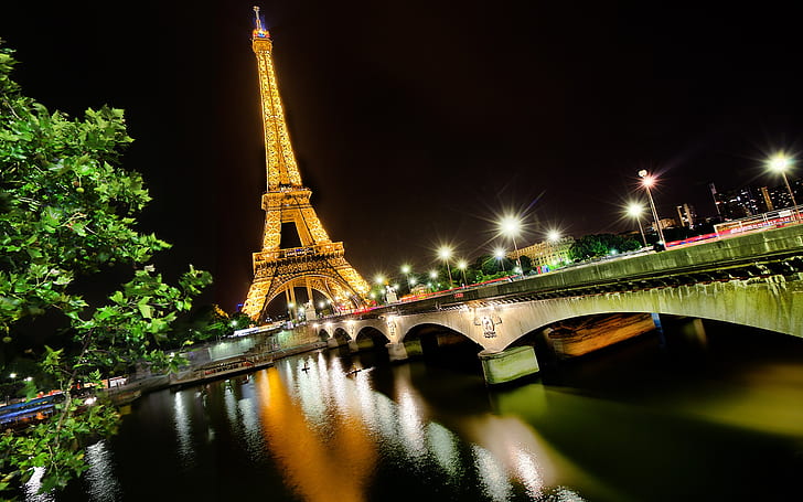 Night view Eiffel Tower, Paris, France, Seine river, lights, bridge