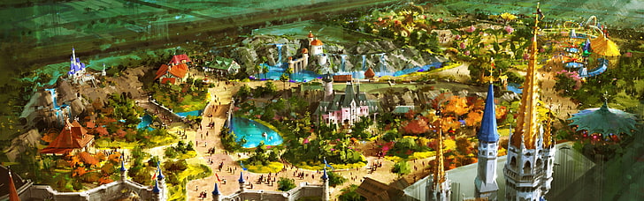 castle and village painting, fantasy art, multi colored, choice, HD wallpaper