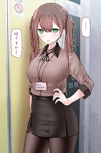 HD wallpaper: office girl, big boobs, black pantyhose, green eyes,  twintails
