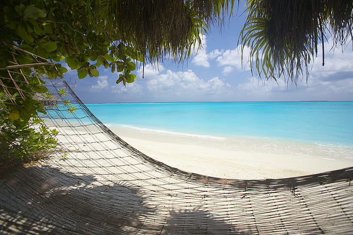 Hammock on White Sand Beach, relax, tropical, lagoon, tahiti, HD wallpaper