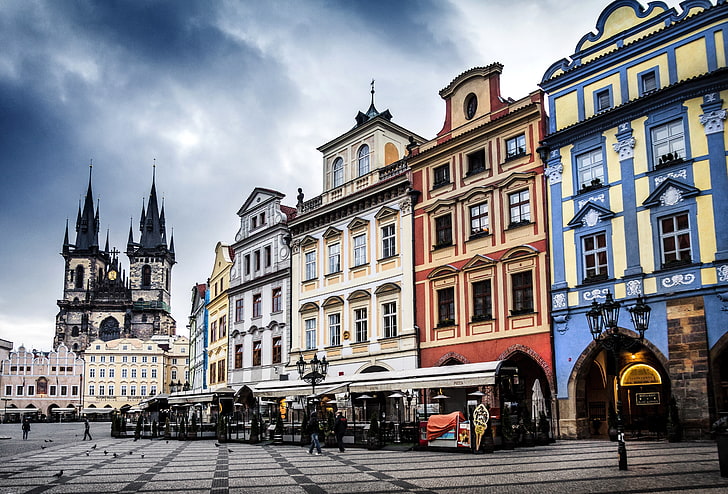 blue, red, and white painted buildings, prague, street, evening