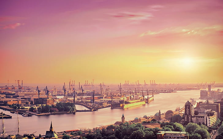 ports, river, Hamburg, Germany, sunlight