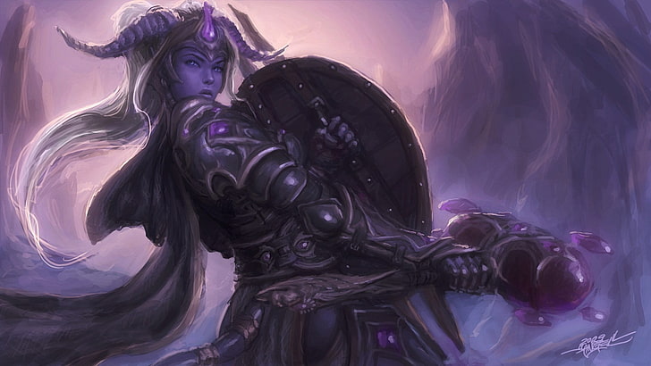 woman wearing purple armor and shield wallpaper, Paladin, horns