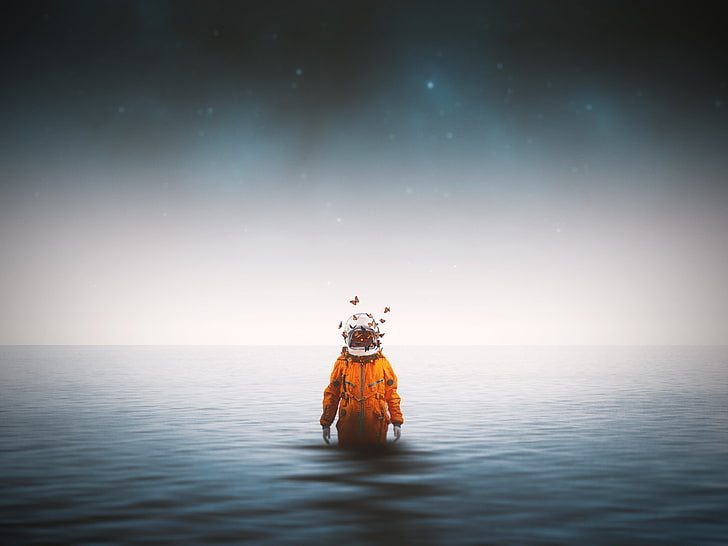 diver illustration, astronaut, spacesuit, butterflies, surrealism, HD wallpaper
