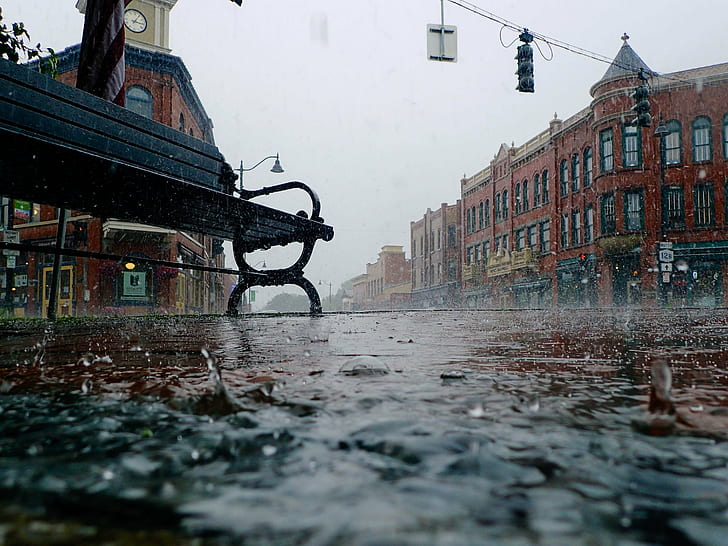 black wooden bench, Rainy day, main, intersection, Hamilton  New York, HD wallpaper