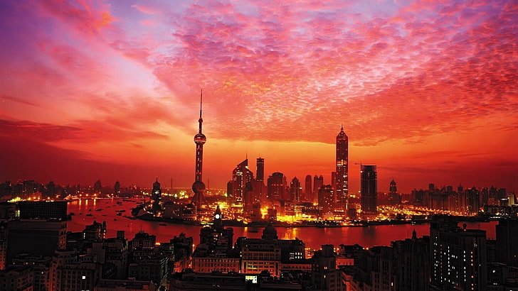 orange illuminated city, shanghai, buildings, sky, light, skyscraper, HD wallpaper
