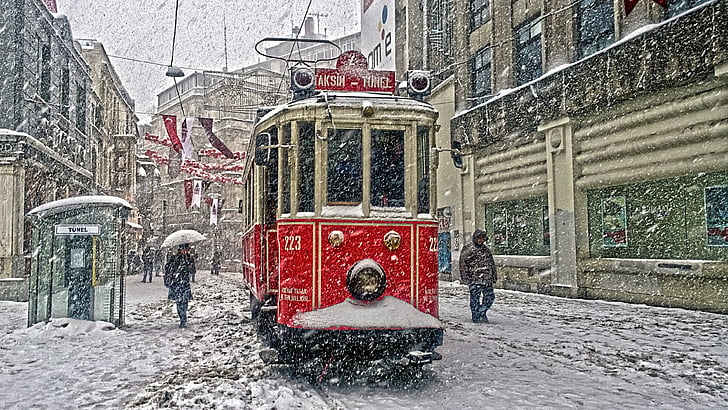 snow, winter, transport, cable car, tree, istambul, tram, freezing